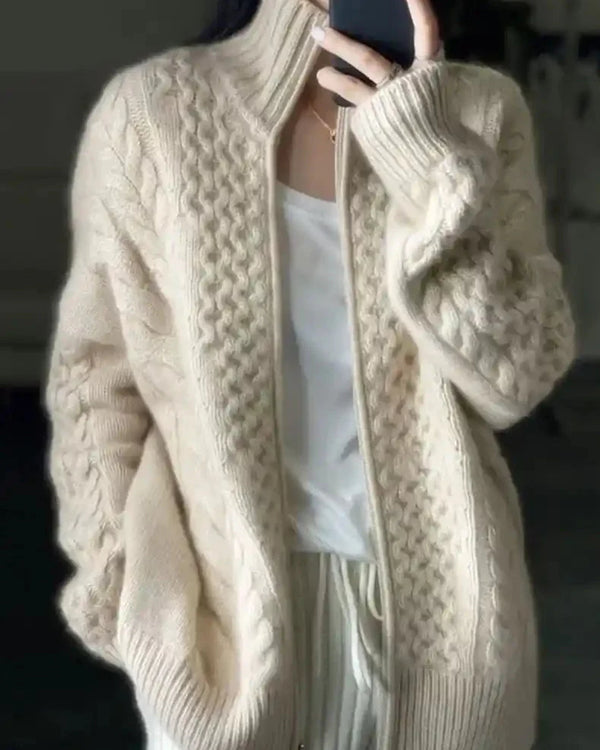 High-Collar Zip-Up Wool Cardigan Coat