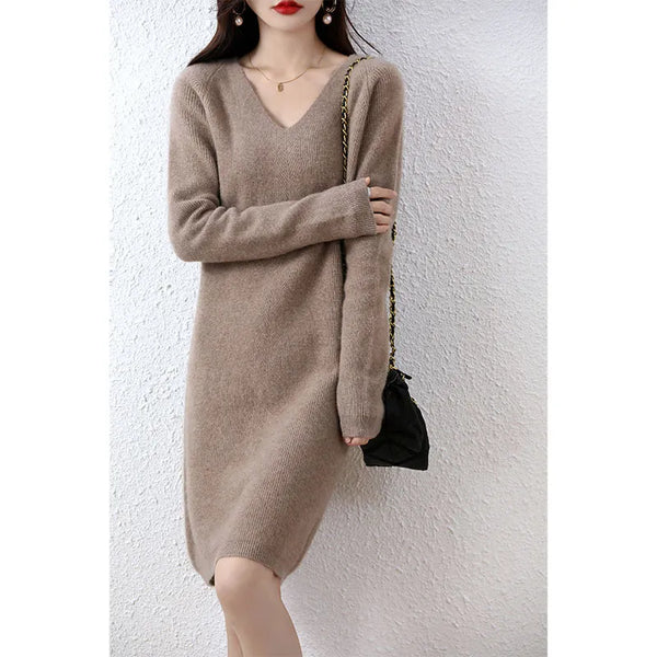 V-Neck 100% Merino Wool Knitted Dress