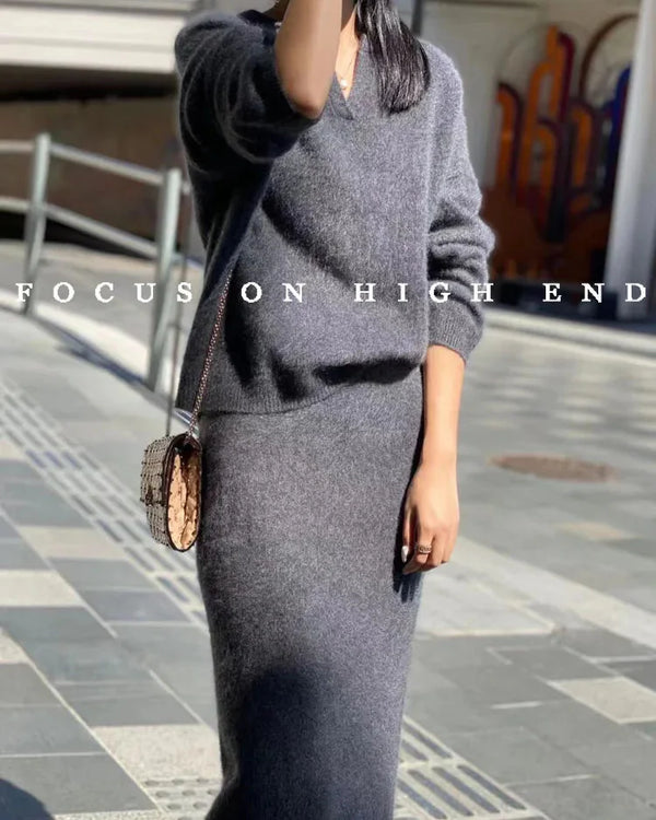 Solid Cashmere Sweater And Skirt Set