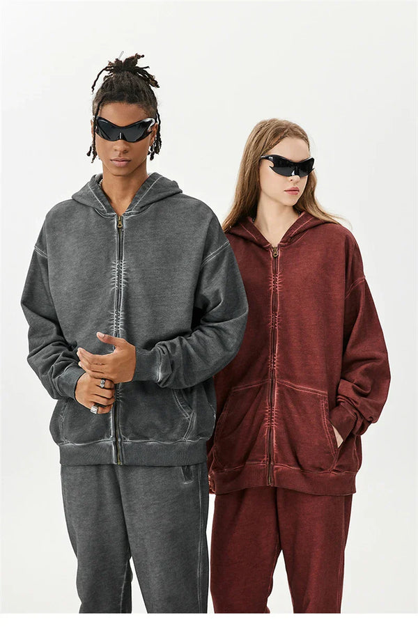 Zipper Washed Distressed Oversized Cotton Hoodies
