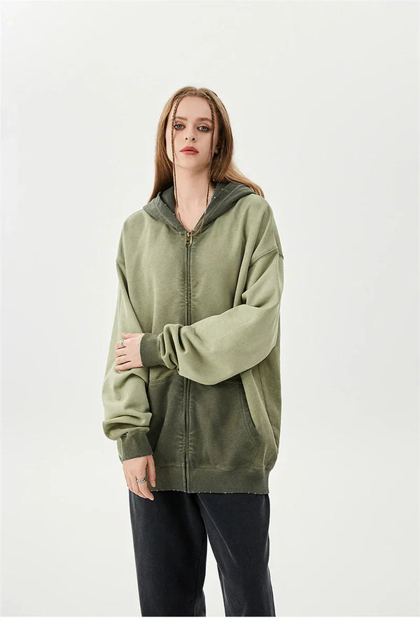 Oversized Cotton Zipper Washed Hoodies