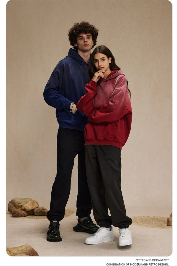 Retro Gradient  Distressed Holes Washed Hoodies