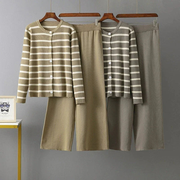 O Neck Buttons Stripe Knit Loose Sweater Sets