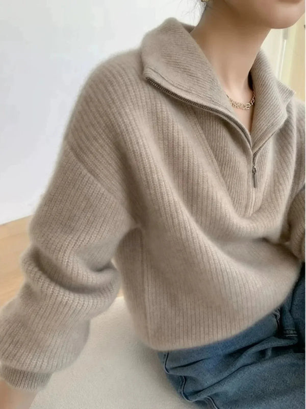 Lapel Zipper Cashmere Pullover