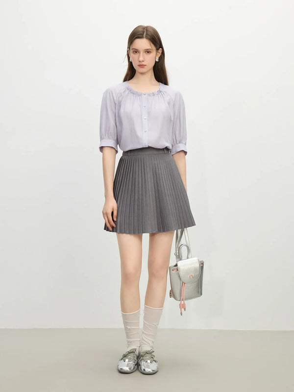 Ruffle Round Neck Linen-Blend Blouse